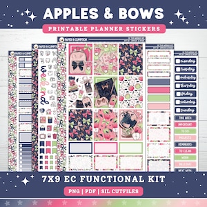 May include: A printable planner sticker kit titled Apples & Bows, featuring multiple sheets with illustrations of apples, bows, backpacks, globes, and stationery. Includes functional labels, day-of-the-week headers, and task boxes in pink, green, and navy blue.