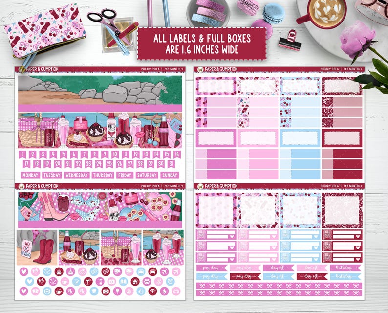 Printable Planner Stickers EC 7X9 Monthly Kit Cherry Cola Monthly View ...