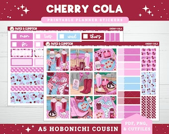 Op de afbeelding: Printbare planner stickers met een cherry cola thema. Het ontwerp bevat roze, rode en blauwe elementen, met illustraties van milkshakes, kersen en picknick scènes. De tekst bevat "CHERRY COLA", "PAPER & GUMPTION" en "A5 HOBONICHI COUSIN".