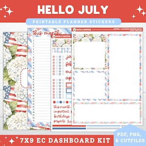 May include: A set of printable planner stickers titled HELLO JULY, featuring red, white, and blue patriotic themes with hydrangea flowers and American flag patterns. The kit includes numbered lists, checkboxes, and blank rectangular frames for organization.
