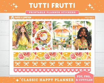 Printable Planner Stickers Weekly Sticker Kit Classic Happy Planner Tutti Frutti Vertical Sticker Kit Cutfiles Cricut PNG Fruit Food Summer