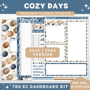 Puede incluir: Un kit de pegatinas imprimibles para planificador con un tema acogedor. El diseño presenta calabazas en tonos marrón, azul y crema. El kit incluye pegatinas para la planificación mensual, con el texto "COZY DAYS" y "2025 / 2026 VERSION".