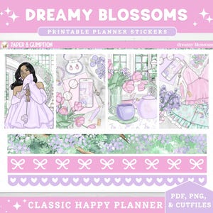 Spring Printable Planner Stickers Weekly Sticker Kit Classic Happy Planner Dreamy Blossoms Vertical Sticker Kit Cutfiles Cricut PNG Summer