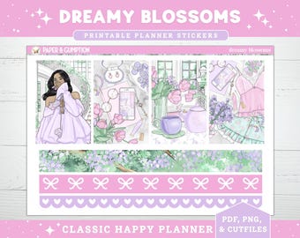 Spring Printable Planner Stickers Weekly Sticker Kit Classic Happy Planner Dreamy Blossoms Vertical Sticker Kit Cutfiles Cricut PNG Summer