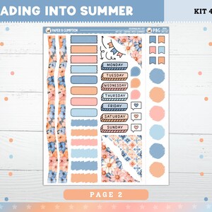 May include: A sheet of planner stickers with a floral theme. The stickers include decorative strips, day labels, and circular and rectangular shapes in shades of blue, peach, and white. The text "FADING INTO SUMMER" and "PAGE 2" are visible.