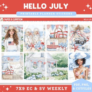 Könnte beinhalten: Ein Bogen mit druckbaren Planer-Aufklebern mit der Aufschrift HELLO JULY, der Aquarellillustrationen einer Person mit Strohhut, Einmachgläsern, einem Picknickkorb, einer Kamera, einem weißen Haus mit Flaggen-Girlanden und einer Person im Bikini zeigt.