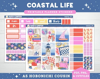 Printable Planner Stickers Coastal Life Hobonichi COUSIN Weekly Vertical Sticker Kit A5 Hobo Cousin Printable Summer Sea Life Printable
