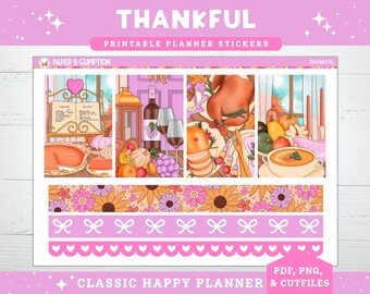 May include: A printable planner sticker sheet with a Thanksgiving theme. The design includes illustrations of a Thanksgiving meal, wine, and floral patterns. The text "THANKFUL" and "PRINTABLE PLANNER STICKERS" are displayed at the top. The bottom features the text "CLASSIC HAPPY PLANNER & CUTFILES".