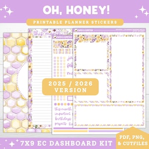 Puede incluir: Un kit de pegatinas para planificador con temática de abejas y flores. El kit incluye hojas con patrones de panal, bordes florales y diseños de calendario. El texto incluye "OH, HONEY!", "PRINTABLE PLANNER STICKERS", "2025 / 2026 VERSION" y "7X9 EC DASHBOARD KIT".