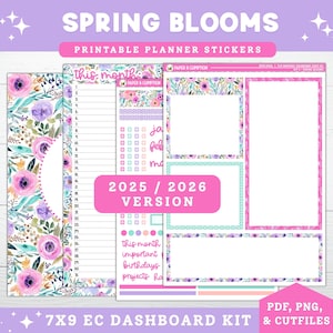 Pegatinas imprimibles para planificador de primavera 2025/2026, Erin Condren, 7x9, abril, panel mensual y página de notas, Kit 5, Acuarela floral