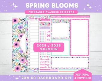Frühling druckbare Planner Aufkleber, 2025/2026, Erin Condren 7X9 April Monthly Dashboard & Notizen Seite, Kit 5, Blumen Aquarell