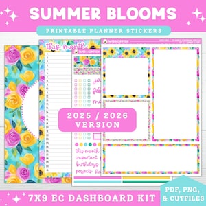 Printable Planner Stickers 2025/2026 EC 7X9 Monthly Dashboard & Notes Page Kit 21 Summer Blooms Erin Condren Summer Floral Printable Kit