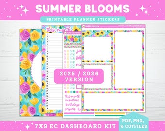 Druckbare Planner Aufkleber 2025/2026 EC 7X9 Monthly Dashboard & Notes Page Kit 21 Summer Blooms Erin Condren Summer Floral Printable Kit