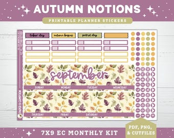 May include: A printable planner sticker sheet with an autumn theme. The design includes boxes for Labor Day, autumn begins, and Patriot Day. The sheet features a September banner with fall leaves and dots for the days of the month.