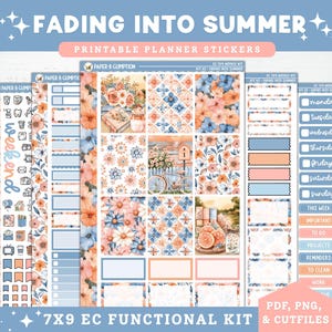 May include: A planner sticker kit with a floral theme, featuring a variety of stickers in shades of blue, peach, and white. The kit includes weekly layouts, decorative elements, and functional stickers. Text on the image reads "Fading Into Summer".