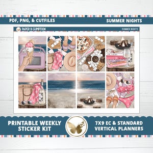 Pegatinas imprimibles para planificador, kit de pegatinas semanales, pegatinas de Erin Condren para noches de verano, kit de pegatinas verticales, archivo de corte Cricut PNG, pegatinas de verano
