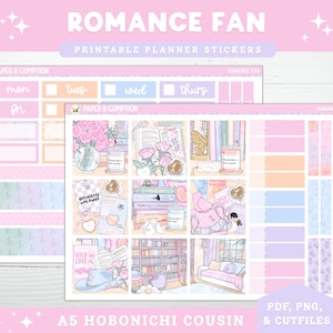 Pegatinas imprimibles para agenda Hobonichi COUSIN Weekly Romance Fan A5 Hobo Cousin Kit de pegatinas verticales Archivo de corte Cricut PNG Pegatinas para libros Reader