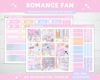 Afdrukbare planner stickers Hobonichi COUSIN wekelijkse romantiek fan A5 hobo neef verticale sticker Kit Cutfile Cricut PNG boek stickers lezer