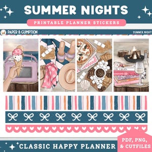 Printable Planner Stickers Weekly Sticker Kit Classic Happy Planner Summer Nights Vertical Sticker Kit Cutfiles Cricut PNG Summer Stickers