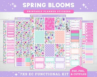 Printable Planner Stickers EC Vertical Weekly Kit 5 Spring Blooms Hourly Erin Condren 7x9 PNG Cricut Cutfile Floral Watercolor April Purple