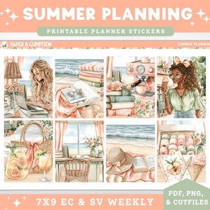 Peut inclure: Une planche d'autocollants de planificateur imprimables sur le thème de l'été. Le design présente des illustrations à l'aquarelle de scènes de plage, de café, de livres et d'une femme avec un ordinateur portable. Le texte comprend "Summer Planning".