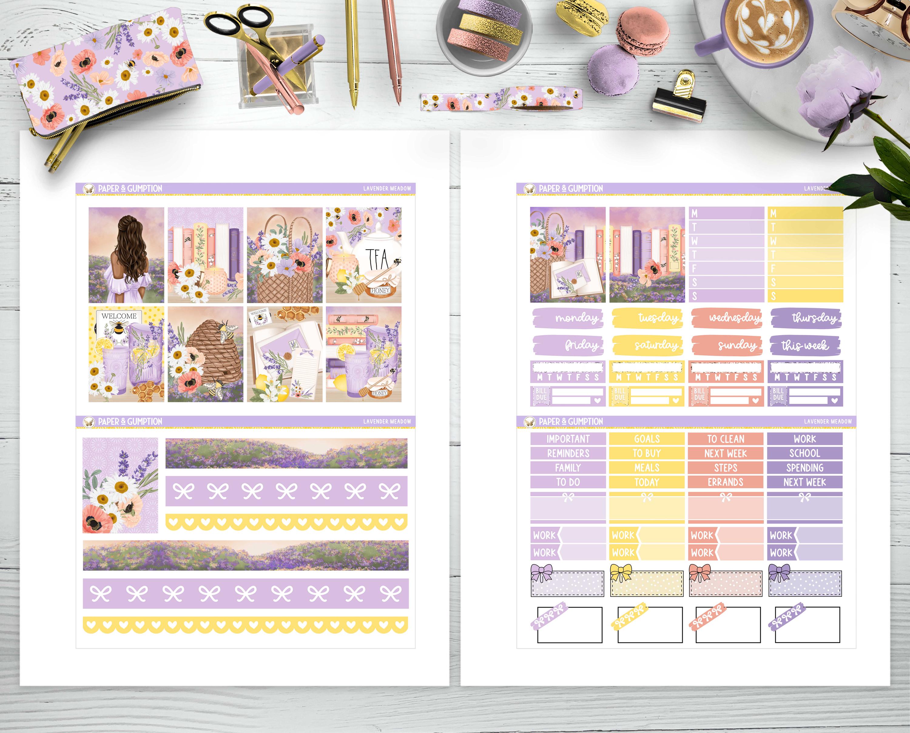 Printable Planner Stickers Vertical Weekly Kit Lavender Meadow Weekly ...