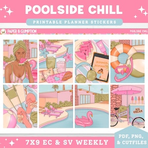 Printable Planner Stickers Poolside Chill Weekly Sticker Kit Erin Condren Planner Stickers Vertical Sticker Kit Pool Summer Printable Kit