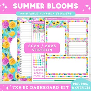 Printable Planner Stickers 2024/2025 EC 7X9 Monthly Dashboard & Notes Page Kit 21 Summer Blooms Erin Condren Summer Floral Printable Kit