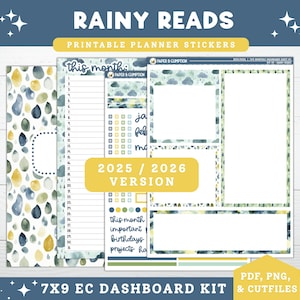 Puede incluir: Pegatinas de planificador imprimibles con un diseño de acuarela de gotas de lluvia en azul, amarillo y verde. El kit incluye varias páginas de planificador con secciones para la planificación mensual y diaria, y el texto "Rainy Reads" y "2025 / 2026 Version".