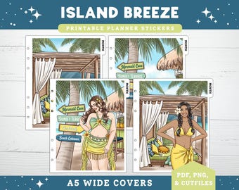 Pegatinas imprimibles para agenda mensual con diseño tropical de verano / Kit mensual Brisa Isleña A5 ancho y 7x9 / Vacaciones en la playa / Archivos PNG para Cricut + Archivos de corte