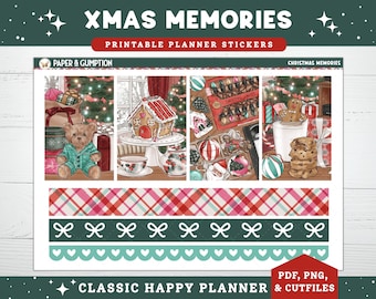 May include: Printable planner stickers with a Christmas theme. The design includes illustrations of a teddy bear, gingerbread house, Christmas lights, and cookies. The stickers are in a rectangular format with decorative borders and the text "XMAS MEMORIES".