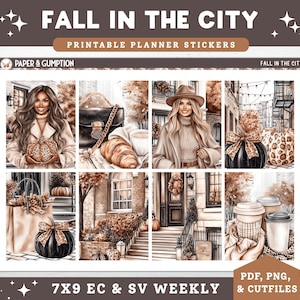 May include: Printable planner stickers with a fall theme, featuring illustrations of women, pumpkins, and city scenes. The text "FALL IN THE CITY" and "7X9 EC & SV WEEKLY" are visible. The stickers are designed for weekly planning.