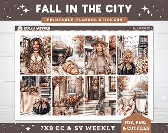 Pegatinas imprimibles para planificador, kit de pegatinas semanales de otoño, pegatinas verticales para planificador de Erin Condren, pegatinas de otoño, pegatinas imprimibles de calabazas de la ciudad.