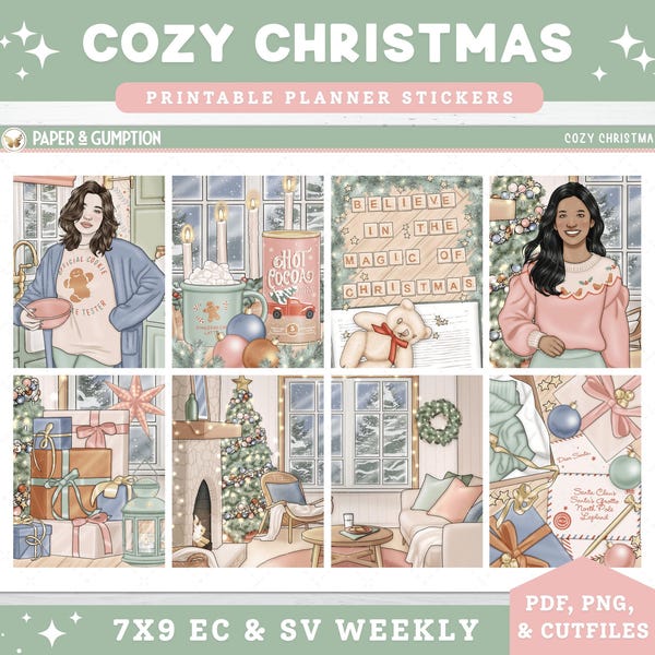 クリスマスの印刷可能なプランナーステッカー、居心地の良いクリスマス、Erin Condrenの縦型プランナー用12月ウィークリーキット、ホリデー、サンタの手紙、ホットココア