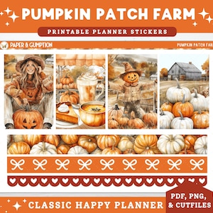 Può includere: Un foglio di adesivi stampabili per planner con tema fattoria di zucche. Il design include illustrazioni ad acquerello di zucche, uno spaventapasseri e dolcetti autunnali. Il testo include "Pumpkin Patch Farm" e "Classic Happy Planner".