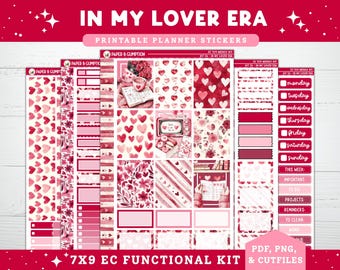 Valentines Day Printable Planner Stickers, Lover Era, EC Weekly, Kit 34, for Erin Condren 7x9 Vertical & Hourly Layout, Love Cherries Hearts