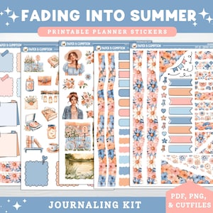 May include: A collection of printable planner stickers with a watercolor floral design in shades of peach, blue, and white. The stickers include decorative elements, journal prompts, and the text "FADING INTO SUMMER" and "JOURNALING KIT".