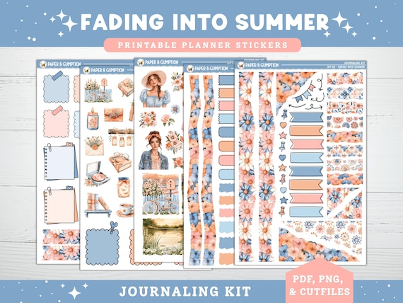 Summer Printable Planner Stickers, Fading into Summer, Journaling Sticker Sheets, Bullet Journal, Hobonichi Weekly Kit, Floral Sunset Beach