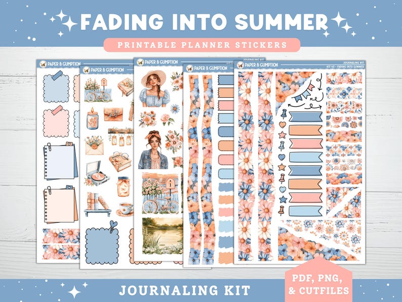 May include: A collection of printable planner stickers with a watercolor floral design in shades of peach, blue, and white. The stickers include decorative elements, journal prompts, and the text "FADING INTO SUMMER" and "JOURNALING KIT".