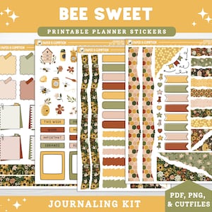 May include: Printable planner stickers with a bee theme. The set includes various decorative elements such as honeycombs, bees, flowers, and labels. The colour palette features warm tones of yellow, brown, and green. The text on the stickers includes "BEE SWEET" and "JOURNALING KIT".