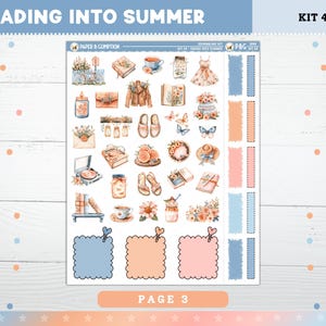 May include: A sheet of planner stickers with a watercolor theme. The stickers feature illustrations of books, flowers, butterflies, and other decorative elements. The text "FADING INTO SUMMER" and "PAGE 3" are visible.