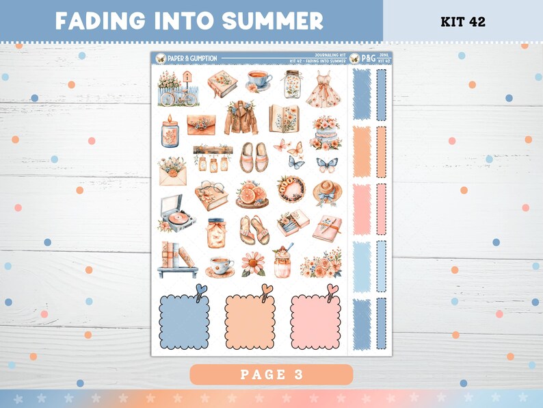 May include: A sheet of planner stickers with a watercolor theme. The stickers feature illustrations of books, flowers, butterflies, and other decorative elements. The text "FADING INTO SUMMER" and "PAGE 3" are visible.