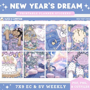 May include: A printable planner sticker sheet titled "New Year's Dream" with a light blue background. The sheet features illustrations of a sleeping fairy, a birdcage, a diary, a clock, a cake, and a dreamy landscape. The text "Paper & Gumption" is visible.