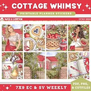 Spring Printable Planner Stickers, Cottage Whimsy, Weekly Kit for Erin Condren Vertical Planners, EC 7x9, Apple Farm Pie Floral Summer Food