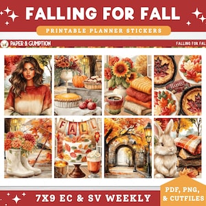 May include: A sheet of printable planner stickers with a fall theme. The design includes illustrations of a woman, pumpkins, pies, sunflowers, and a rabbit. Text includes "Falling for Fall" and "Printable Planner Stickers".