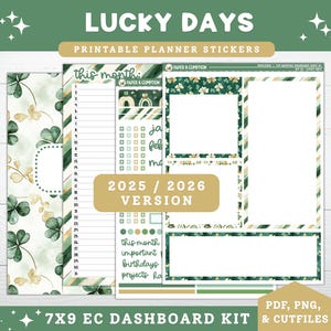 Puede incluir: Pegatinas imprimibles para planificador con temática del Día de San Patricio. El diseño incluye tréboles, detalles dorados y el texto "LUCKY DAYS". El kit incluye varios elementos de planificación, como un calendario mensual y espacio para notas. El kit es para la versión 2025/2026.