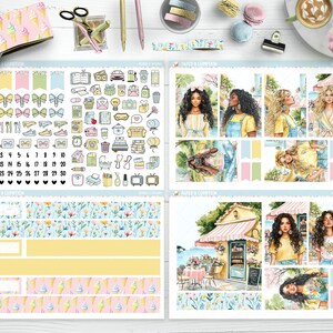 Op de afbeelding: Een set bedrukbare planner stickers met een zomerthema met illustraties van vrouwen, bloemen, ijshoorntjes en een caf&eacute;. De stickers bevatten nummers, strikken en andere decoratieve elementen.