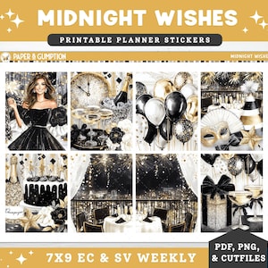 Könnte beinhalten: Druckbare Planer-Aufkleber mit Silvester-Thema. Das Design zeigt Illustrationen von Champagner, Luftballons, Feuerwerk und einer Frau in einem schwarzen Kleid. Der Text auf dem Bild lautet "Midnight Wishes" und "7x9 EC & SV Weekly".