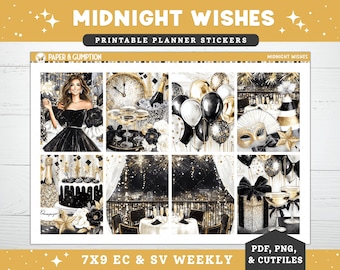NYE Printable Planner Stickers, Midnight Wishes, January Weekly Kit for Erin Condren Vertical Planners, New Years Eve Party Gold Fireworks