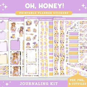 May include: A collection of printable planner stickers with a honey and lavender theme. The stickers feature illustrations of women, honey pots, and floral designs in shades of purple, yellow, and white. Text includes "OH, HONEY!" and "JOURNALING KIT."